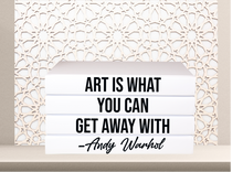 Load image into Gallery viewer, Art is what you can get away with - Andy Warhol quote home decor books , CUsTOM handmade BOOKS, made to order , decorative books with blank pages , personalised bespoke books unique gift decor , memory books , custom journals , stylish Unique office decor , Handmade office decor , Colorful Handmade home decor , Customizable books ,