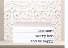 Load image into Gallery viewer, Live more worry less and be happy quote home decor books , CUsTOM handmade BOOKS,  made to order , decorative books with blank pages , personalised  bespoke books unique gift decor , memory books , custom journals , stylish  Unique office decor , Handmade office decor , Colorful Handmade home decor , Customizable books , 