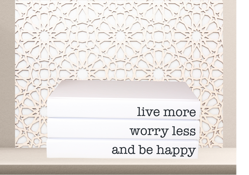Live more worry less and be happy quote home decor books , CUsTOM handmade BOOKS,  made to order , decorative books with blank pages , personalised  bespoke books unique gift decor , memory books , custom journals , stylish  Unique office decor , Handmade office decor , Colorful Handmade home decor , Customizable books , 