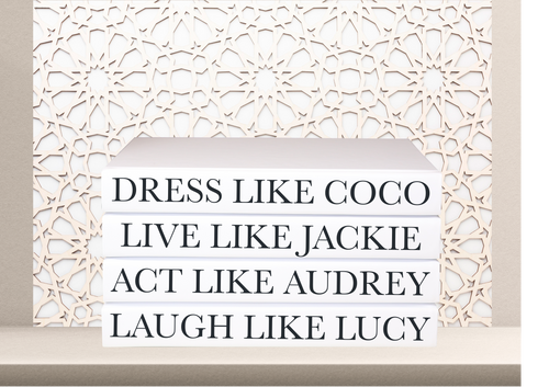 Dress like Coco , Live like Jackie , Act like Audrey , Laugh like Lucy quote decor books , CUsTOM handmade BOOKS,  made to order , decorative books with blank pages , personalised  bespoke books unique gift decor , memory books , custom journals , stylish  Unique office decor , Handmade office decor , Colorful Handmade home decor , Customizable books