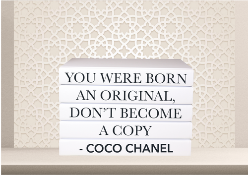 You were born an original, don’t become a copy - Coco Chanel quote home decor books , designer books ,, white books , CUsTOM handmade BOOKS,  made to order , decorative books with blank pages , personalised  bespoke books unique gift decor , memory books , custom journals , stylish  Unique office decor , Handmade office decor , Colorful Handmade home decor , Customizable books , 
