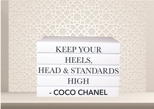 Keep your heels, head and standards high - Coco Chanel quote home decor books , designer books , white books , CUsTOM handmade BOOKS,  made to order , decorative books with blank pages , personalised  bespoke books unique gift decor , memory books , custom journals , stylish  Unique office decor , Handmade office decor , Colorful Handmade home decor , Customizable books , 