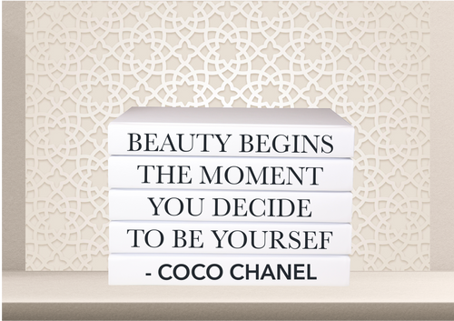 Beauty begins the moment you decide to be yourself - Coco Chanel quote home decor books , designer books , white books , CUsTOM handmade BOOKS,  made to order , decorative books with blank pages , personalised  bespoke books unique gift decor , memory books , custom journals , stylish  Unique office decor , Handmade office decor , Colorful Handmade home decor , Customizable books