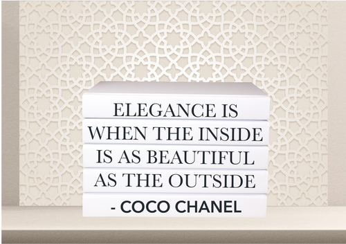 Elegance is when the inside is as beautiful as the outside - Coco Chanel quote home decor books , white books , designer books , CUsTOM handmade BOOKS,  made to order , decorative books with blank pages , personalised  bespoke books unique gift decor , memory books , custom journals , stylish  Unique office decor , Handmade office decor , Colorful Handmade home decor , Customizable books , 