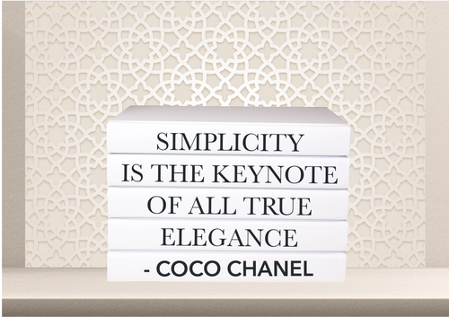 Simplicity is the keynote of all true elegance - Coco Chanel quote home decor books , designer books , white books , CUsTOM handmade BOOKS,  made to order , decorative books with blank pages , personalised  bespoke books unique gift decor , memory books , custom journals , stylish  Unique office decor , Handmade office decor , Colorful Handmade home decor , Customizable books , 