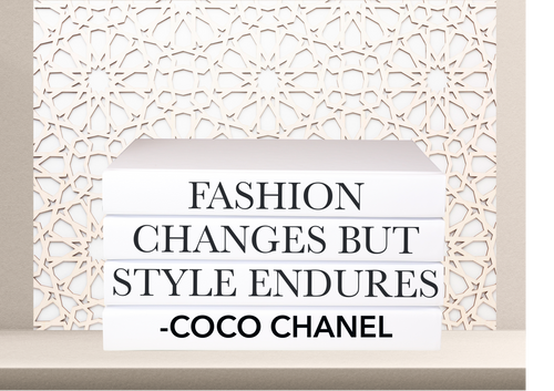 Fashion changes but style endures - Coco Chanel quote home decor books , designer books , white books , CUsTOM handmade BOOKS,  made to order , decorative books with blank pages , personalised  bespoke books unique gift decor , memory books , custom journals , stylish  Unique office decor , Handmade office decor , Colorful Handmade home decor , Customizable books , 
