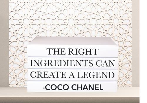 The right ingredients can create a legend - Coco Chanel  quote home decor books , designer books , white books , CUsTOM handmade BOOKS,  made to order , decorative books with blank pages , personalised  bespoke books unique gift decor , memory books , custom journals , stylish  Unique office decor , Handmade office decor , Colorful Handmade home decor , Customizable books , 