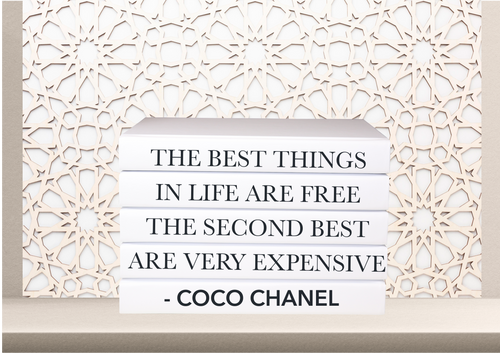 The best things in life are free the second best are very expensive - Coco Chanel quote books , designer books , white books , home decor books , CUsTOM handmade BOOKS,  made to order , decorative books with blank pages , personalised  bespoke books unique gift decor , memory books , custom journals , stylish  Unique office decor , Handmade office decor , Colorful Handmade home decor , Customizable books , 