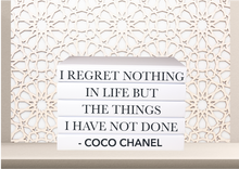 Load image into Gallery viewer, I regret nothing in life but the things I have not done - Coco Chanel quote books , home decor books , white books , CUsTOM handmade BOOKS,  made to order , decorative books with blank pages , personalised  bespoke books unique gift decor , memory books , custom journals , stylish  Unique office decor , Handmade office decor , Colorful Handmade home decor , Customizable books , 