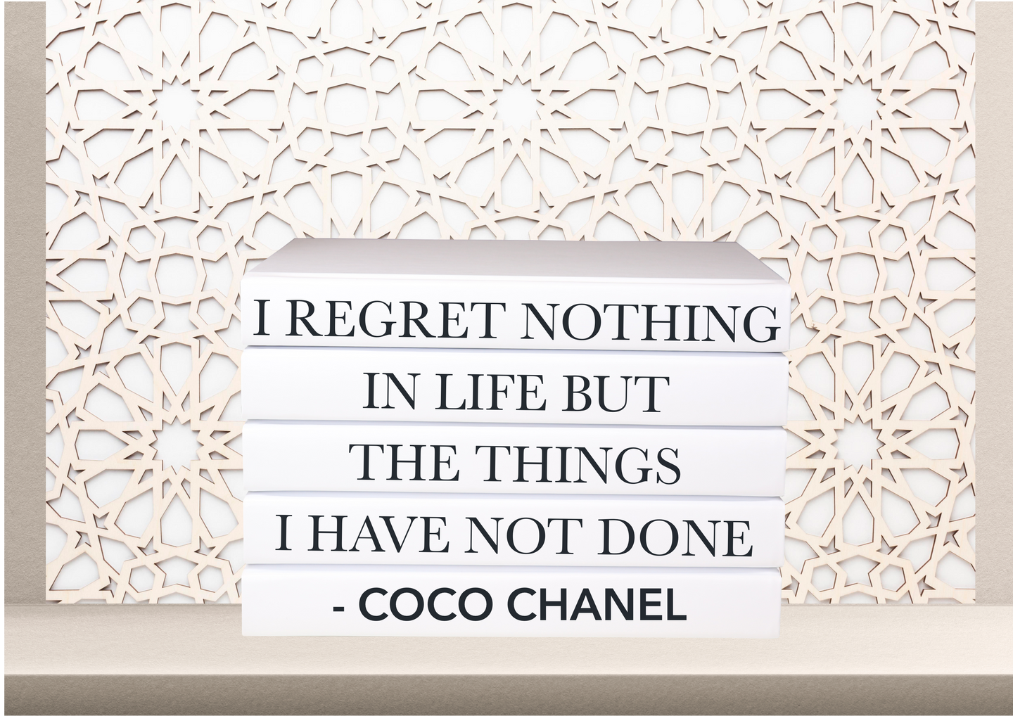 I regret nothing in life but the things I have not done - Coco Chanel quote books , home decor books , white books , CUsTOM handmade BOOKS,  made to order , decorative books with blank pages , personalised  bespoke books unique gift decor , memory books , custom journals , stylish  Unique office decor , Handmade office decor , Colorful Handmade home decor , Customizable books , 