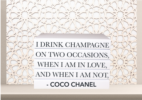 I drink champagne on two occasions, when I am in love and when I am not - Coco Chanel quote books , designer books , white books ,  CUsTOM handmade BOOKS,  made to order , decorative books with blank pages , personalised  bespoke books unique gift decor , memory books , custom journals , stylish  Unique office decor , Handmade office decor , Colorful Handmade home decor , Customizable books , 