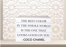 Load image into Gallery viewer, The best color in the whole world is the one that looks good on you - Coco Chanel quote books , home decor books , designer books , white books , CUsTOM handmade BOOKS,  made to order , decorative books with blank pages , personalised  bespoke books unique gift decor , memory books , custom journals , stylish  Unique office decor , Handmade office decor , Colorful Handmade home decor , Customizable books , 