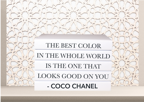 The best color in the whole world is the one that looks good on you - Coco Chanel quote books , home decor books , designer books , white books , CUsTOM handmade BOOKS,  made to order , decorative books with blank pages , personalised  bespoke books unique gift decor , memory books , custom journals , stylish  Unique office decor , Handmade office decor , Colorful Handmade home decor , Customizable books , 