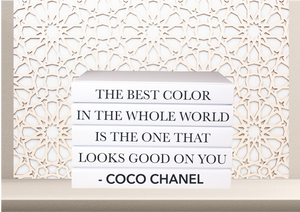 The best color in the whole world is the one that looks good on you - Coco Chanel quote books , home decor books , designer books , white books , CUsTOM handmade BOOKS,  made to order , decorative books with blank pages , personalised  bespoke books unique gift decor , memory books , custom journals , stylish  Unique office decor , Handmade office decor , Colorful Handmade home decor , Customizable books , 