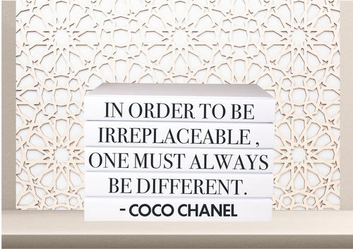 In order to be irreplaceable, one must always be different - Coco Chanel HOME DECOR QUOTE BOOK SET BOOKS , CUsTOM handmade BOOKS,  made to order , decorative books with blank pages , personalised  bespoke books unique gift decor , memory books , custom journals , stylish  Unique office decor , Handmade office decor , Colorful Handmade home decor , Customizable books , 