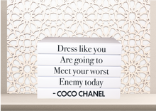 Load image into Gallery viewer, Dress like you are going to meet your worst enemy today - Coco Chanel Home decor quote book set books , CUsTOM handmade BOOKS,  made to order , decorative books with blank pages , personalised  bespoke books unique gift decor , memory books , custom journals , stylish  Unique office decor , Handmade office decor , Colorful Handmade home decor , Customizable books , 