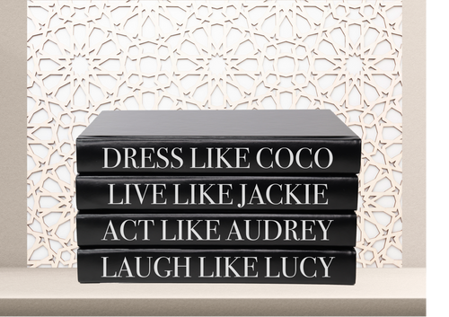 Dress like Coco , Live like Jackie , Act like Audrey , Laugh like Lucy quote decor books , CUsTOM handmade BOOKS, made to order , decorative books with blank pages , personalised bespoke books unique gift decor , memory books , custom journals , stylish Unique office decor , Handmade office decor , Colorful Handmade home decor , Customizable books