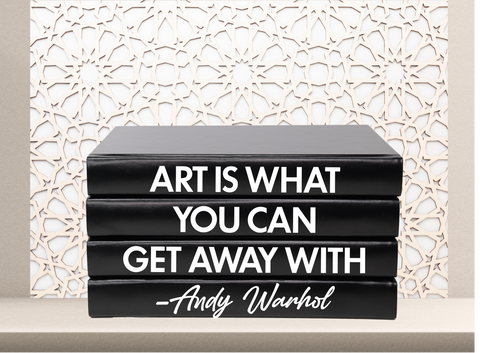 Art is what you can get away with - Andy Warhol quote home decor books , CUsTOM handmade BOOKS, made to order , decorative books with blank pages , personalised bespoke books unique gift decor , memory books , custom journals , stylish Unique office decor , Handmade office decor , Colorful Handmade home decor , Customizable books ,