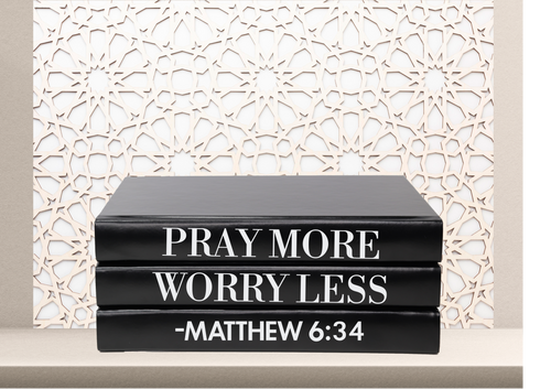 Pray More Worry Less - Matthew 6:34 decor books , religious home decor books , CUsTOM handmade BOOKS, made to order , decorative books with blank pages , personalised bespoke books unique gift decor , memory books , custom journals , stylish Unique office decor , Handmade office decor , Colorful Handmade home decor , Customizable books ,