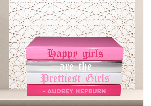 Happy girls are the prettiest girls - Audrey Hepburn HOME DECOR QUOTE BOOK SET BOOKS , CUsTOM handmade BOOKS, made to order , decorative books with blank pages , personalised bespoke books unique gift decor , memory books , custom journals , stylish Unique office decor , Handmade office decor , Colorful Handmade home decor , Customizable books , pink books