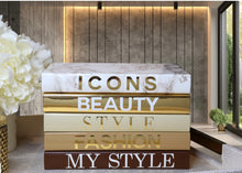 Load image into Gallery viewer, FASHION BOOKS , icons beauty style fashion  , gold marble brown  books , decor books , custom books , blank page books , home styling books , fashion books , designer books , coffee table books , shelf decor , decor books , INTERIOR DECOR OBJECT , minimal decor ,