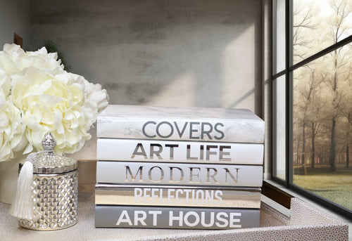 FASHION BOOKS , COVERS ART LIFE MODERN REFLECTIONS ART HOUSE , silver AND GREY  books , decor books , custom books , blank page books ,  home styling books , fashion books , designer books , coffee table books , shelf decor , decor books , INTERIOR DECOR OBJECT , minimal decor , 