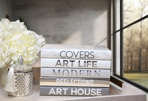 FASHION BOOKS , COVERS ART LIFE MODERN REFLECTIONS ART HOUSE , silver AND GREY  books , decor books , custom books , blank page books ,  home styling books , fashion books , designer books , coffee table books , shelf decor , decor books , INTERIOR DECOR OBJECT , minimal decor , 