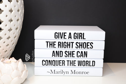 Give A Girl The Right Shoes and she can Conquer the world Marilyn Monroe quote books ,  CUsTOM handmade BOOKS,  made to order , decorative books with blank pages , personalised  bespoke books unique gift decor , memory books , custom journals , stylish  Unique office decor , Handmade office decor , Colorful Handmade home decor , Customizable books 