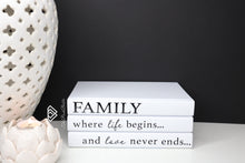 Load image into Gallery viewer, FAMILY where life begins and love never ends quote books , CUsTOM handmade BOOKS,  made to order , decorative books with blank pages , personalised  bespoke books unique gift decor , memory books , custom journals , stylish  Unique office decor , Handmade office decor , Colorful Handmade home decor , Customizable books 