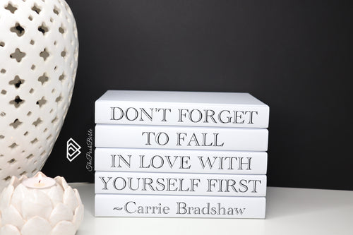 Don't forget to fall in love with yourself first - Carrie Bradshaw quote books , CUsTOM handmade BOOKS,  made to order , decorative books with blank pages , personalised  bespoke books unique gift decor , memory books , custom journals , stylish  Unique office decor , Handmade office decor , Colorful Handmade home decor , Customizable books , 