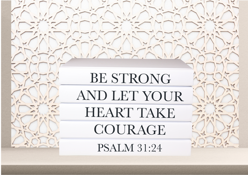 Be strong and let your heart take courage - PSALM 31:24 QUOTE DECOR BOOKS FOR HOME , RELIGIOUS BOOKS , Blank notebooks  , Trendy Coffee table  book decor , Book stack decor , Interior design books , Bookshelf styling , Display Fashion books , designer books , Ornamental Blank journals for decoration  , Modern shelf decor , travel agent decor , theposhbible  , Holiday books , Chanel tom ford Gucci book gift