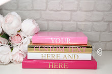 Load image into Gallery viewer, PINK AND WHITE BOOKS , DESIGNER BOOK SET , COFFEE TABLE BOOKS , FASHION BOOKS , BIRTH DETAILS BOOKS , CUSTOM BOOKS , BLANK PAGE BOOKS , POSHBIBLE BOOK , SHELF DECOR BOOKS , PINK BOOK STACK , CUSTOMISE YOUR BOOKS , BLANK BOOKS 