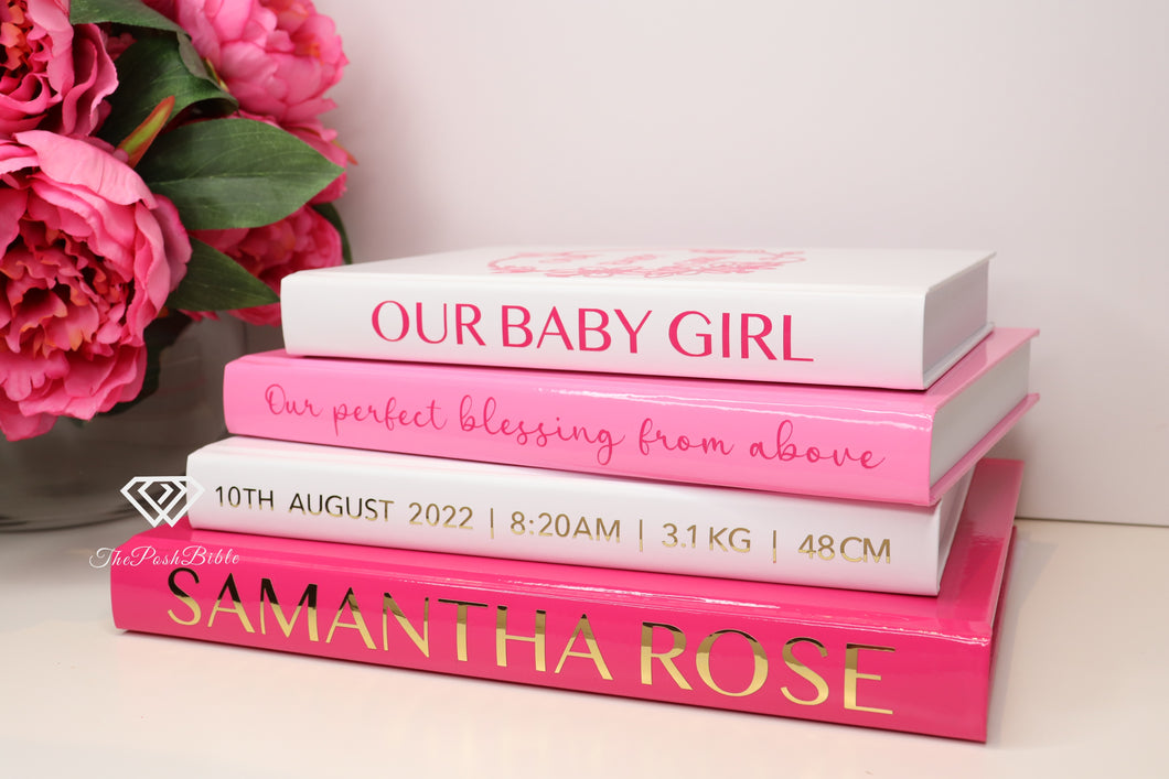 4 Vol. custom baby girl date and specs decorative book stack