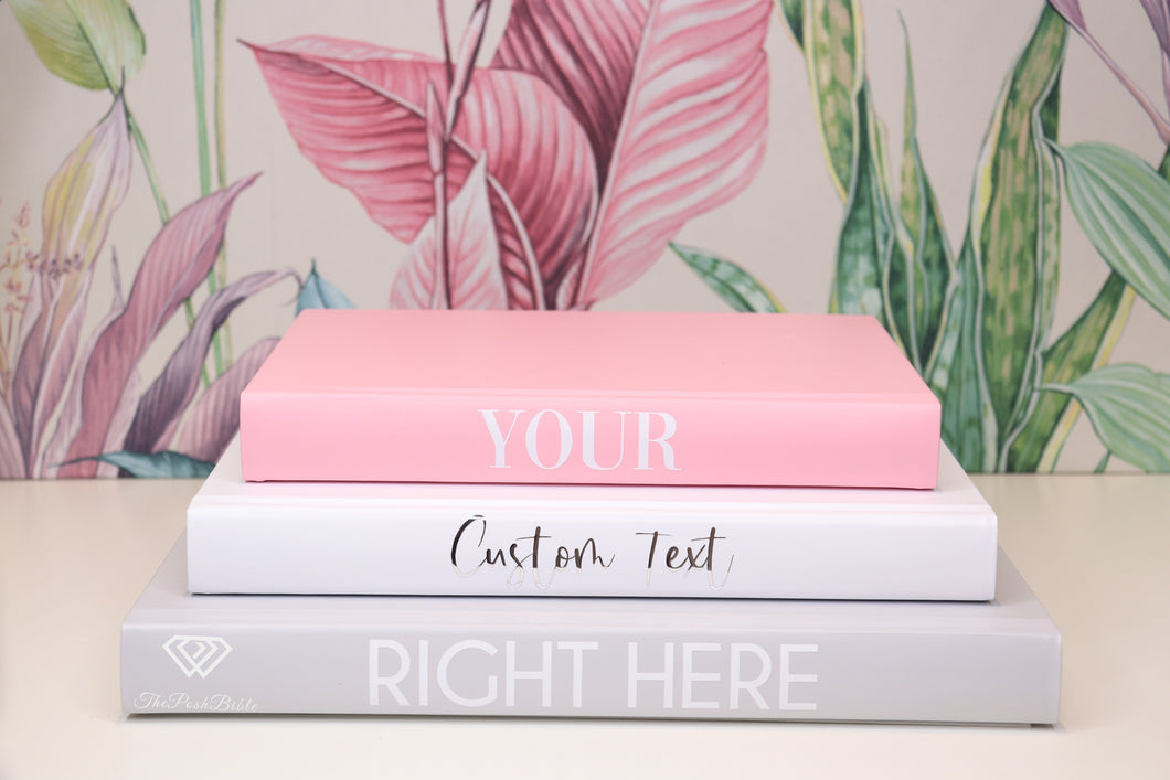 PINK AND WHITE BOOKS , DESIGNER BOOK SET , COFFEE TABLE BOOKS , FASHION BOOKS , BIRTH DETAILS BOOKS , CUSTOM BOOKS , BLANK PAGE BOOKS , POSHBIBLE BOOK , CUSTOM PINK GREY BOOKS